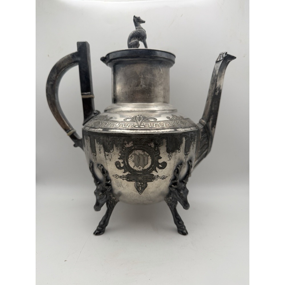 Antique Wilcox Silver Plate Coffee Pot #1874 Stag Deer Legs Hound Dog Finial